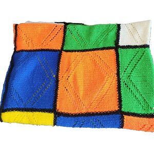 Afghan Throw 80s Bright Color Block‎ Cube Handmade 70s Grannycore Vintage Retro
